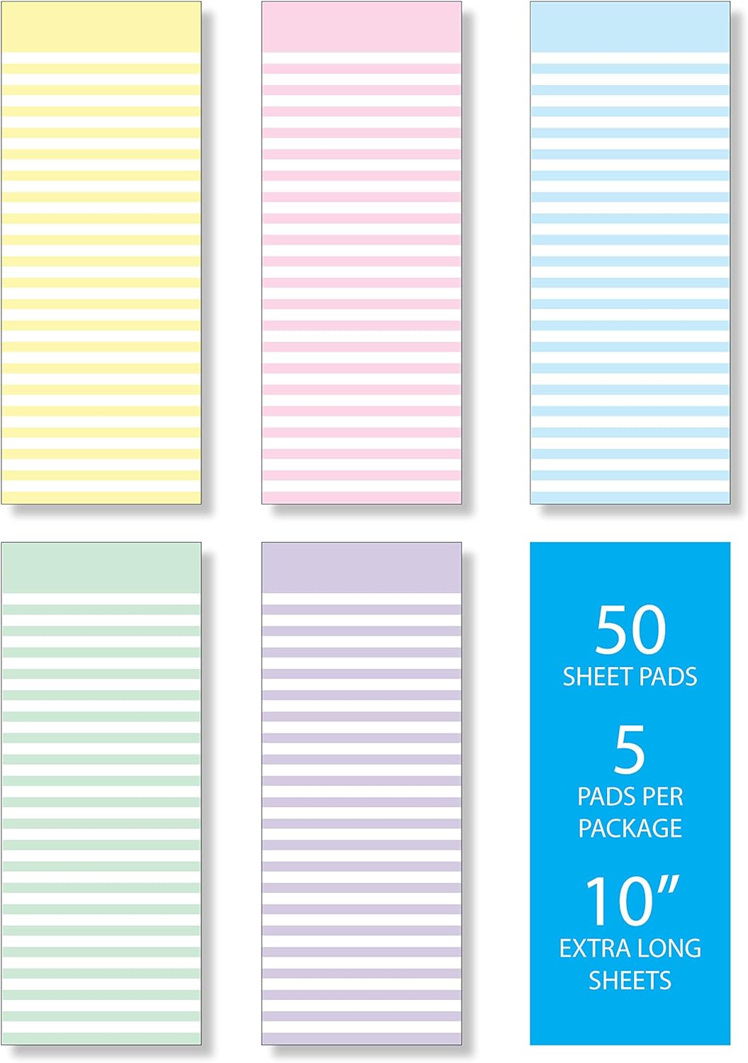 Memo Note Pads, Pack of Five Beautiful Pastel Candy Stripes Design, 3.5" x 10" with 50 Tear Off sheets Per Pad