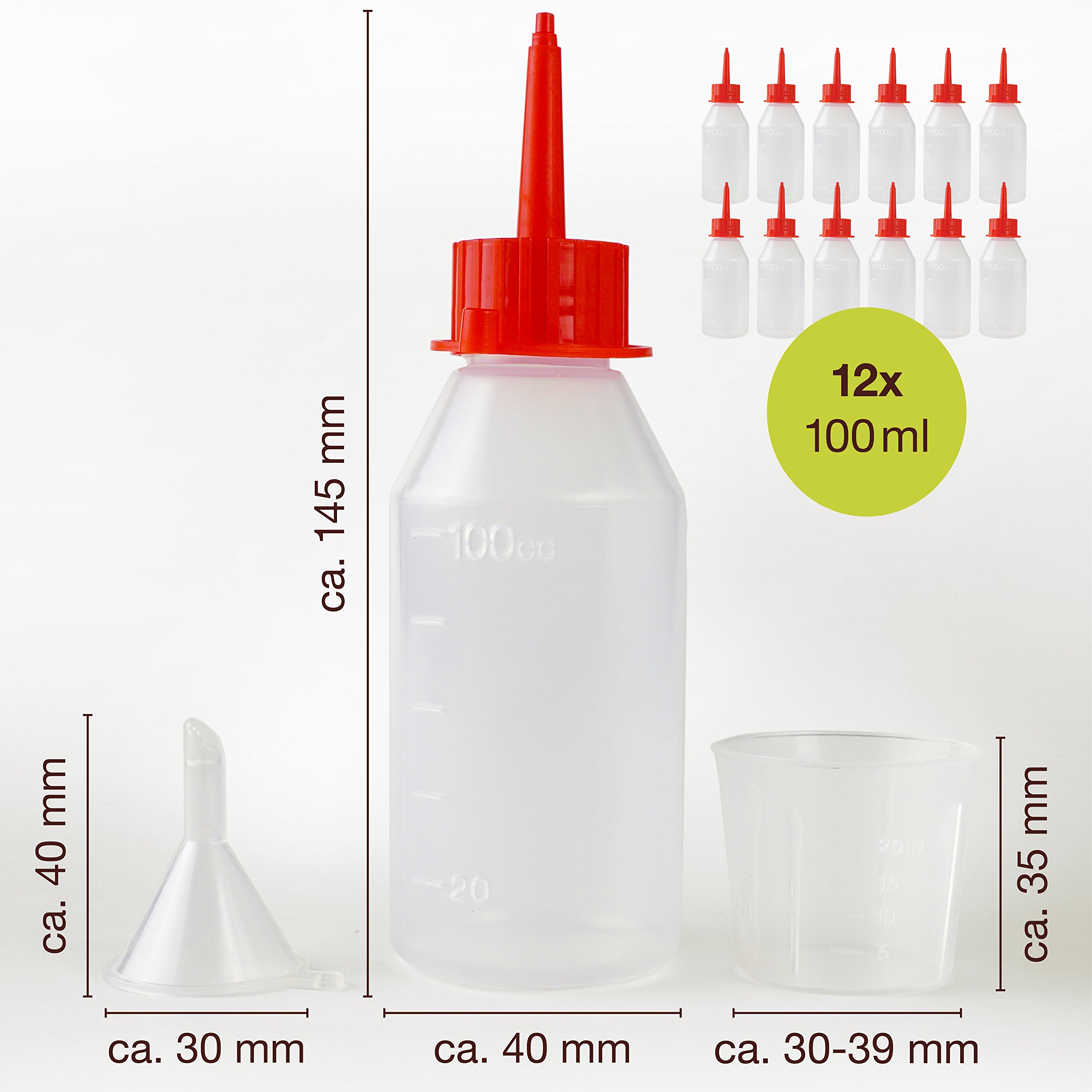 ProfessionalTree® Botellas para líquido con sistema de goteo 12x100 ml. Con embudo de medición - 12 etiquetas - Para conservar líquidos - Seguro para niños - Calidad LDPE