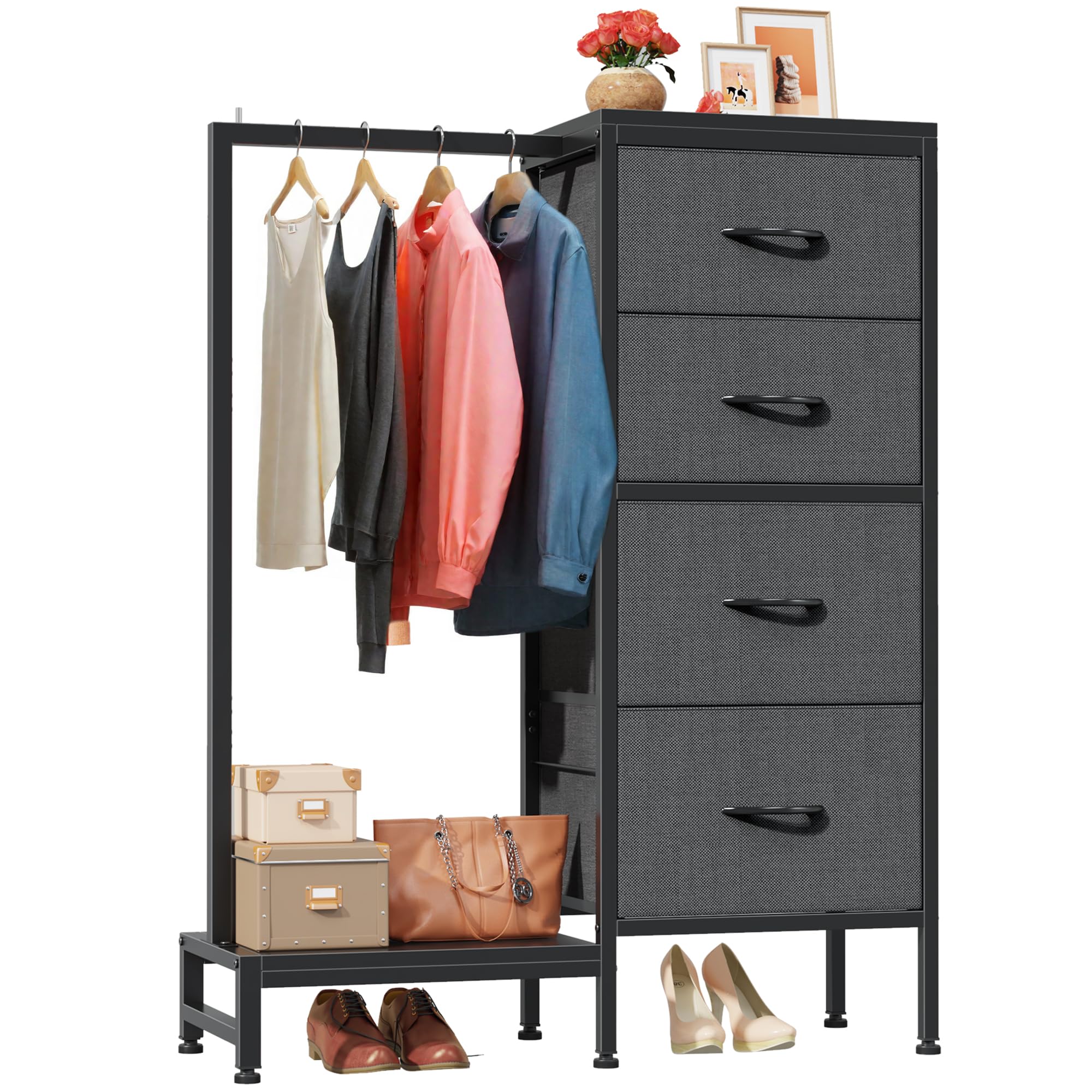 Photo 1 of HIGDBFE Dresser with Hanging Rack, 4 Drawers Small Closet for Bedroom, Reversible Fabric Kids Chest of Drawers with Clothes Rack, Tall Storage Tower, Sturdy Frame, Grey, 44''H