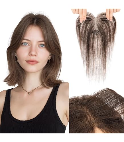 Amazon.com : SLEEKALON Human Hair Topper with Bangs for  display picture 3