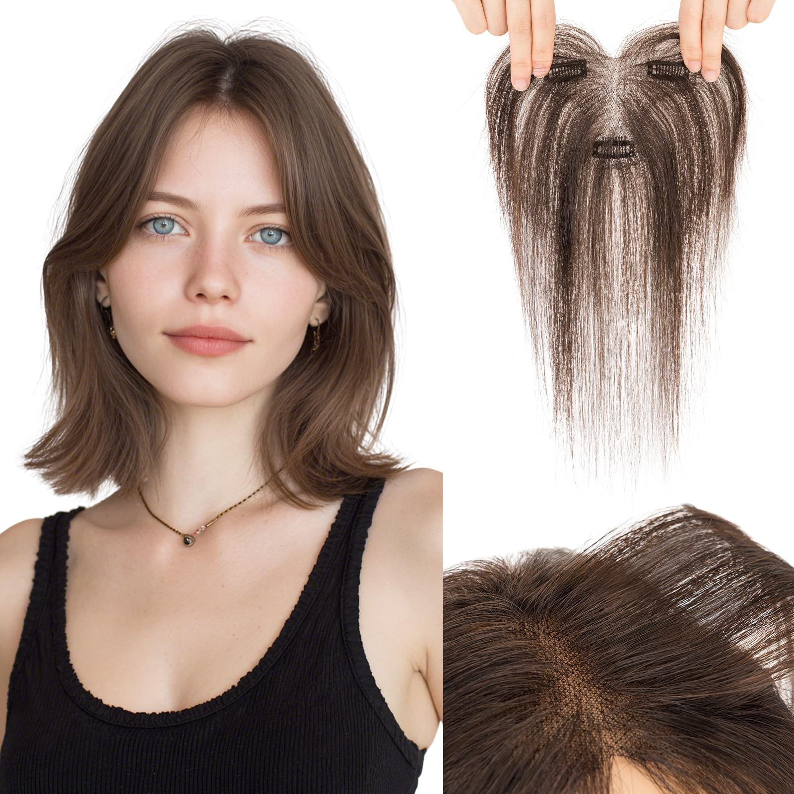 Photo 1 of Hairro Human Hair Toppers with Side Bangs, 3D 360° Seamless Real Hair Toppers, Hand-Tied with 3.5"x4.7" T-shaped Base, Clip-In Hairpieces to Add Volume on Top, 11 Inch Dark Brown