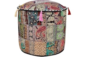 Sophia-Art Indian Embroidered Patchwork Cover Indian Decorative Pouf Indian Comfortable Floor Cotton Cushion Ottoman Pouf,Indian Designs Ethnic Patchwork Pouf (Black, 18"x13")