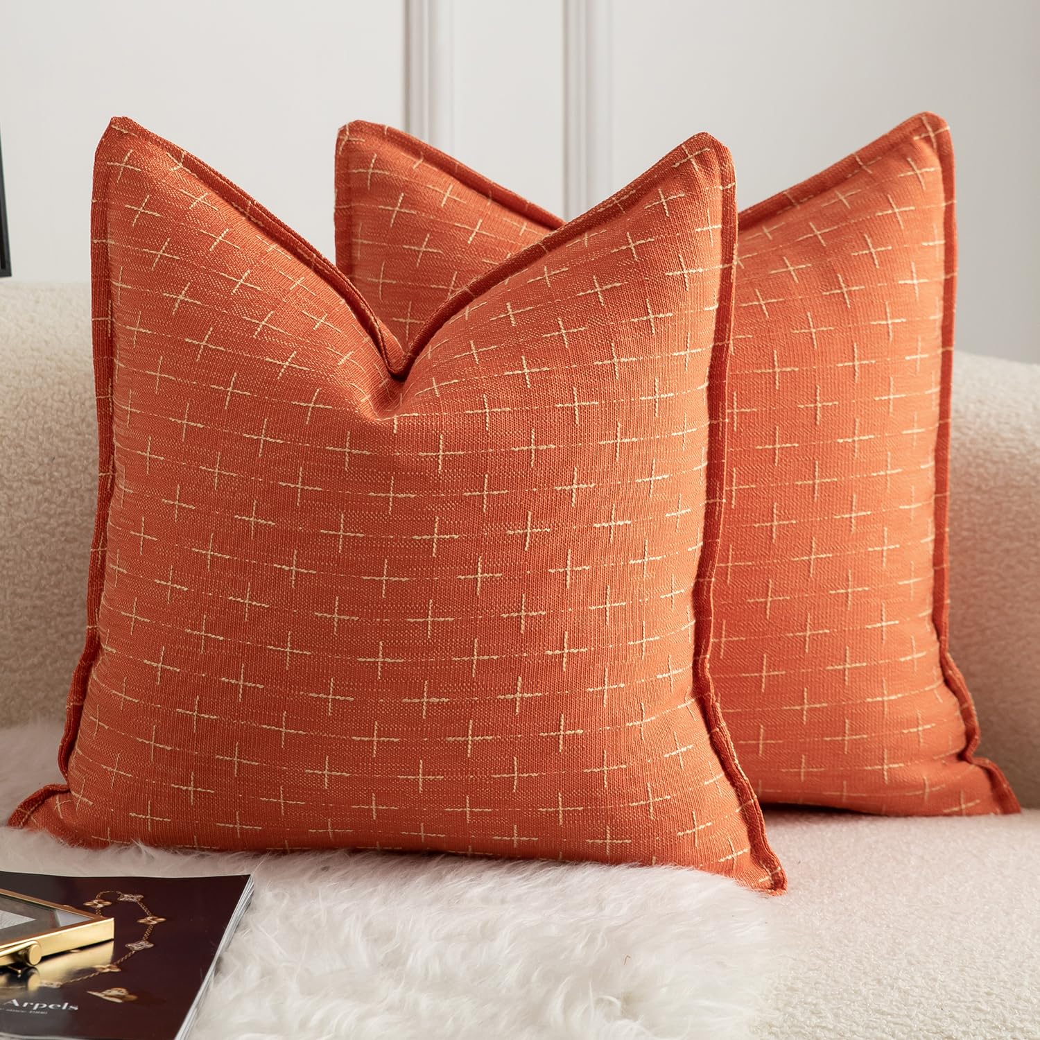 Mandioo Pack of 2 Burlap Linen Cushion Covers Woven Textured Modern Farmhouse Throw Pillow Cases Decorative Couch Sofa Bed Living Room 18 x 18 Inch 45x45 cm Orange