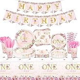 Floral 1st Birthday Party Supplies, Include Banner, Plates, Cups, Napkins, Knives, Forks, Spoons, Little Miss Onederful Tablecloth for Girls First Birthday Party Decor, Serve 20 Guests