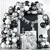 18th Birthday Decorations for Boys Black and Silver Balloons Garland Arch Kit with Number Foil Confetti Balloon Happy Birthday Bunting Banner Black Silver Party Decor for 18 Years Old Girls Women Man