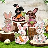 Yerliker 5 Pcs Rustic Easter Bunny Signs for Table Centerpieces Wooden Easter Tabletop Decor Vintage Rabbit Table Sign with Rope Bow Carrot Flower for Tray Desk Shelf Office Home Party Supplies