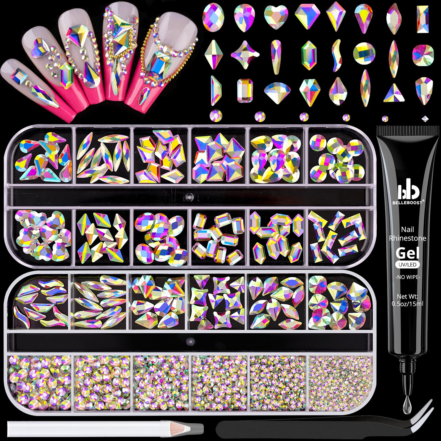 1680Pcs AB Glass Nail Rhinestones 180Pcs Multi