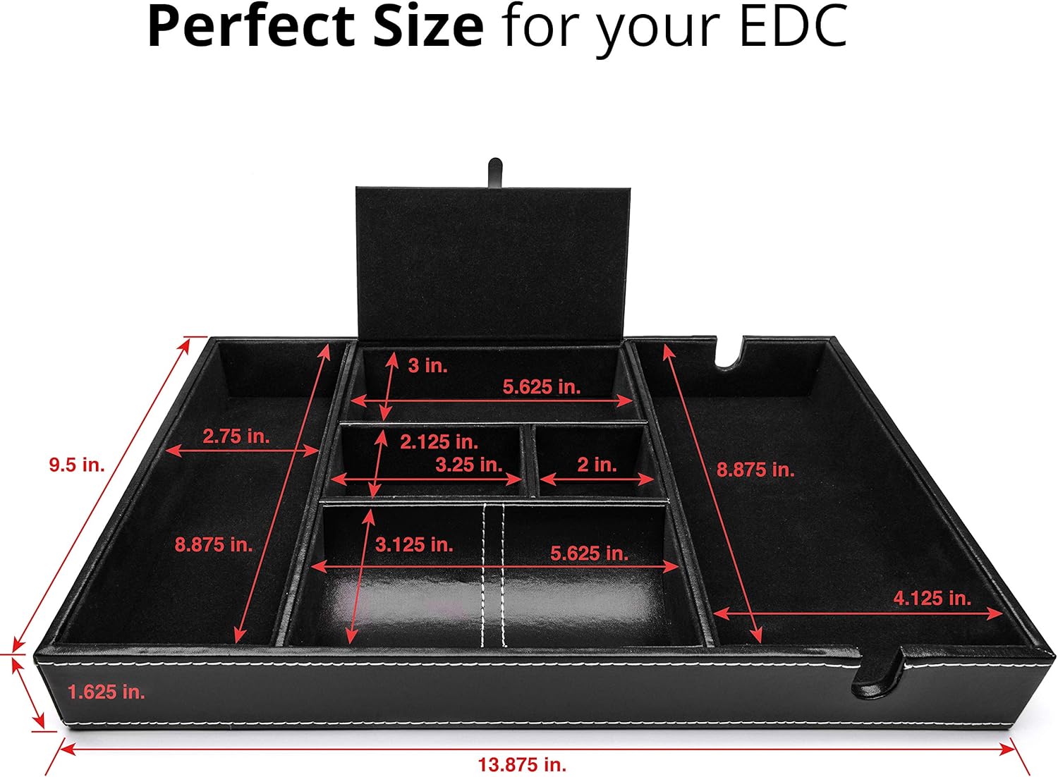 duke trays Valet Tray for Men, Nightstand Organizer, Entry Table Organizer, Catch All Tray, Dresser Organizer, Black Faux Leather Box, 6 Compartments: Home Improvement