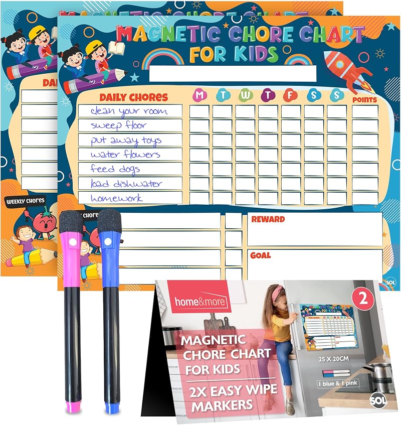 SOL 2pk Magnetic Chore Chart with 2 Easy-Wipe Markers Kids Family Reward Board
