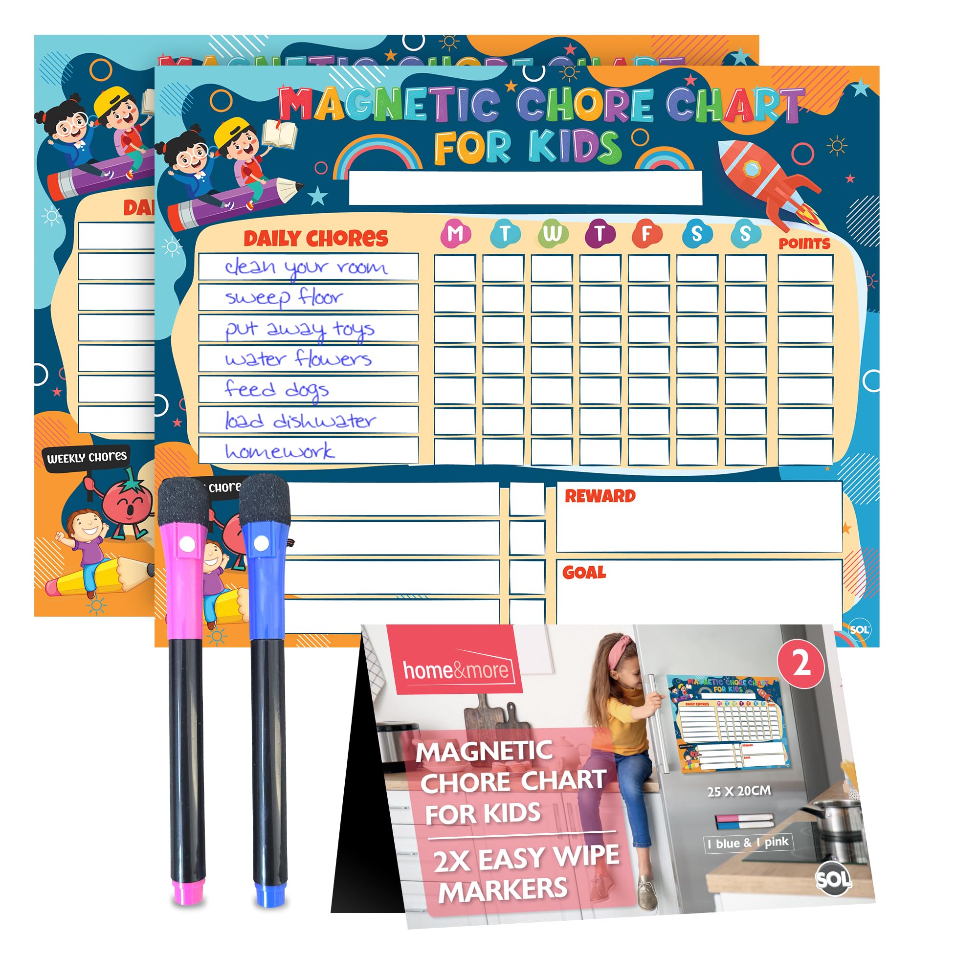 Sol 2pk Magnetic Chore Chart with 2x Easy Wipe Markers – Kids & Family Reward and Homework Board for Household Tasks, Routine, Behaviour and Daily Organisation