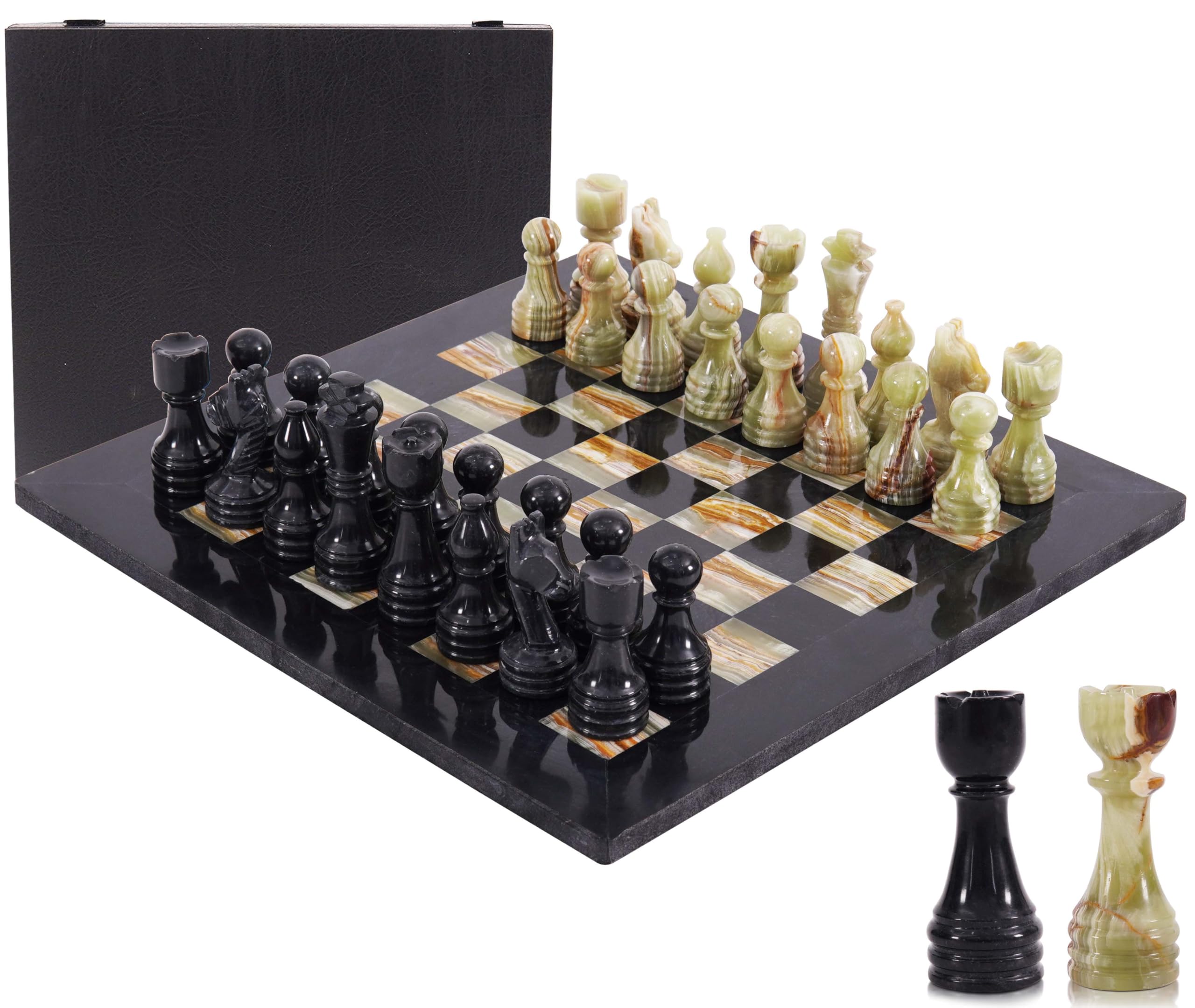 Marble Chess Set 15" Inches Black & Green Handmade Chess Sets for Adults - Marble Board Game for Family with Storage Box & 2 Extra Queen, Ideal Travel Chess Set & Home Décor