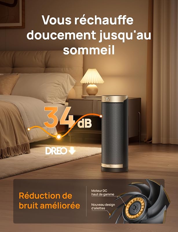 Chauffage d'appoint, électrique, céramique, PTC1800 W, Télécommande, Protection anti-basculement et anti surchauffe, Minuterie 1-12 h, 70° Oscillation, Solaris Slim H3