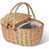 GRANNY SAYS Picnic Basket, Wicker Basket with Insulated Cooler, Woven Cute Basket with Handle, Storage Basket with Washable Lining & Dual-Flid Lid, Natural Willow Picnic Hamper