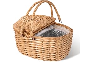 GRANNY SAYS Picnic Basket, Wicker Basket with Insulated Cooler, Woven Cute Basket with Handle, Storage Basket with Washable Lining & Dual-Flid Lid, Natural Willow Picnic Hamper