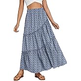 OPOIPIN Women's High Elastic Waist Ruffle Tiered Flowy Beach Summer A-Line Maxi Skirt
