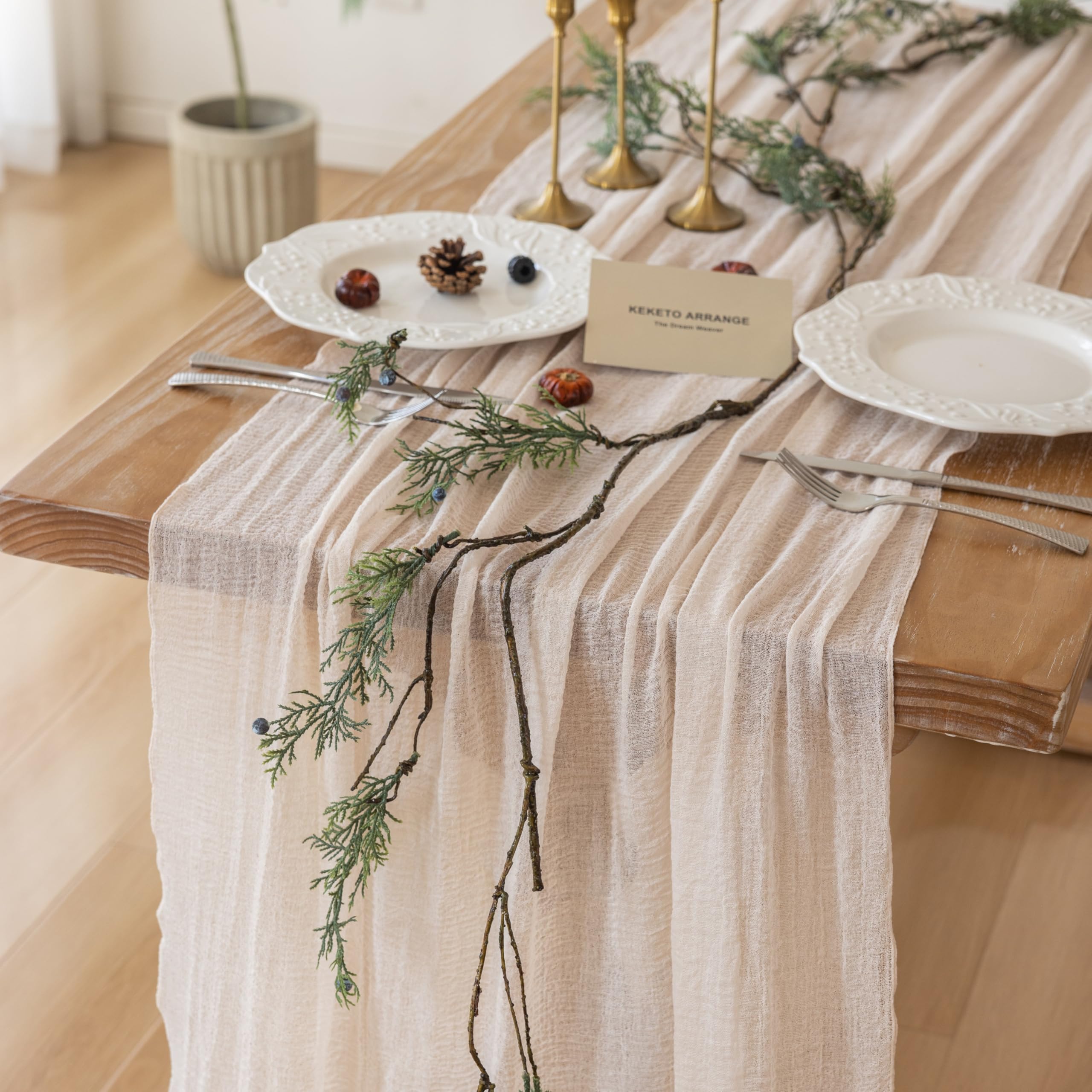 Photo 1 of Keketoarrange Beige Gauze Rustic Cheesecloth Table Runner 120 Inch 10 FT for Wedding Baby Shower Bridal Shower Birthday Engagement Garden Outdoor Party Long Sheer Boho Decorations