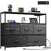 WLIVE Dresser for Bedroom with 5 Drawers,Fabric Dresser TV Stand with Charging Station, Chest of Drawer with Open Shelves for 45 inch TV,for Living Room,Entryway, Charcoal Black Wood Grain Print