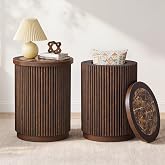 BERRYMERRY Dark Walnut Round Fluted End Table with Marble Top Set of 2 | Wavy fluted cylindrical design marble side table with storage stable support couch bedroom side table Living Room