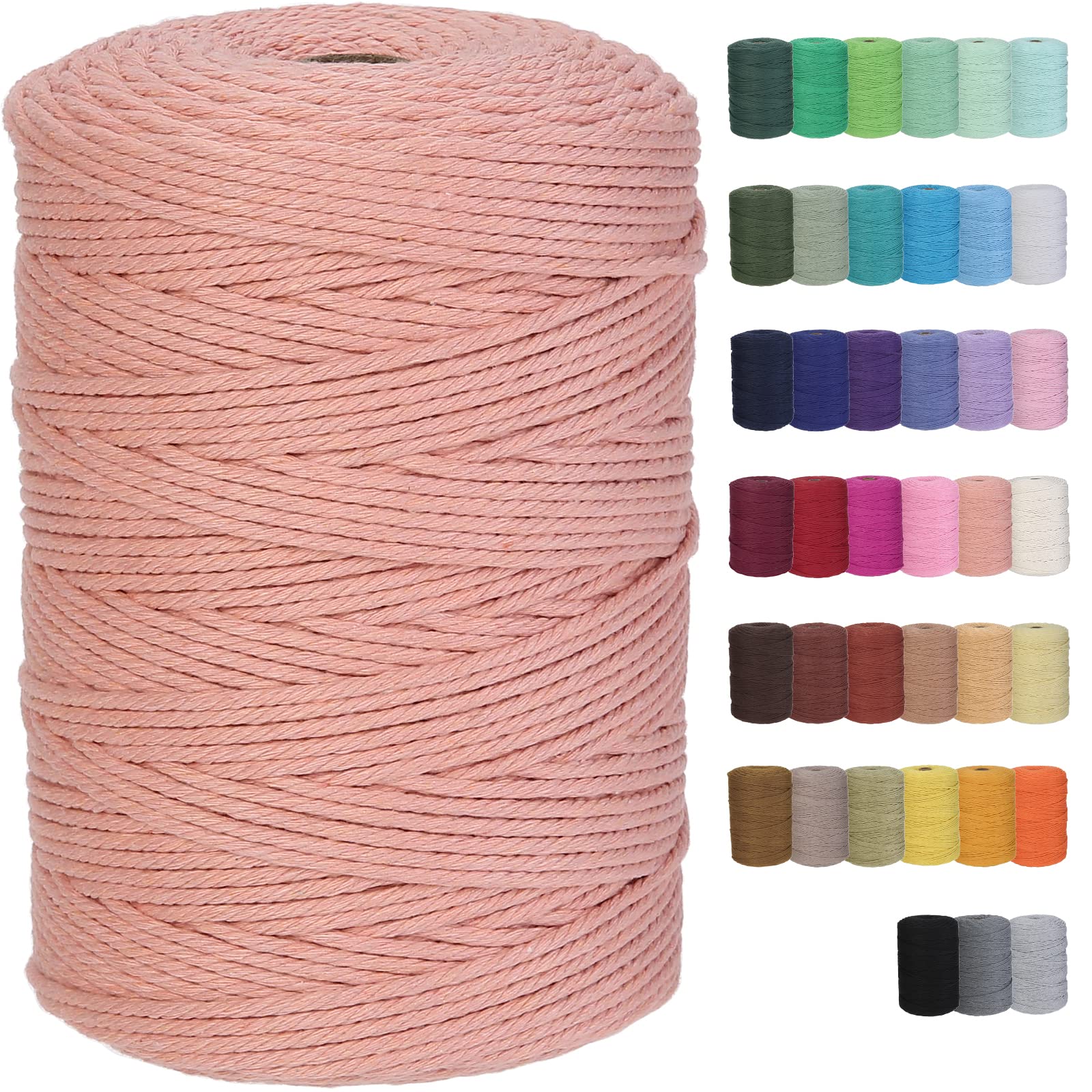 GOHOF Macrame Cord 3mm x 300m Premium Cotton Macrame Rope, 4 Strand Twisted Soft Cotton Cord, One of The Most Perfect Materials for Macrame Art, Cotton String Without Chemicals(Brick Pink)