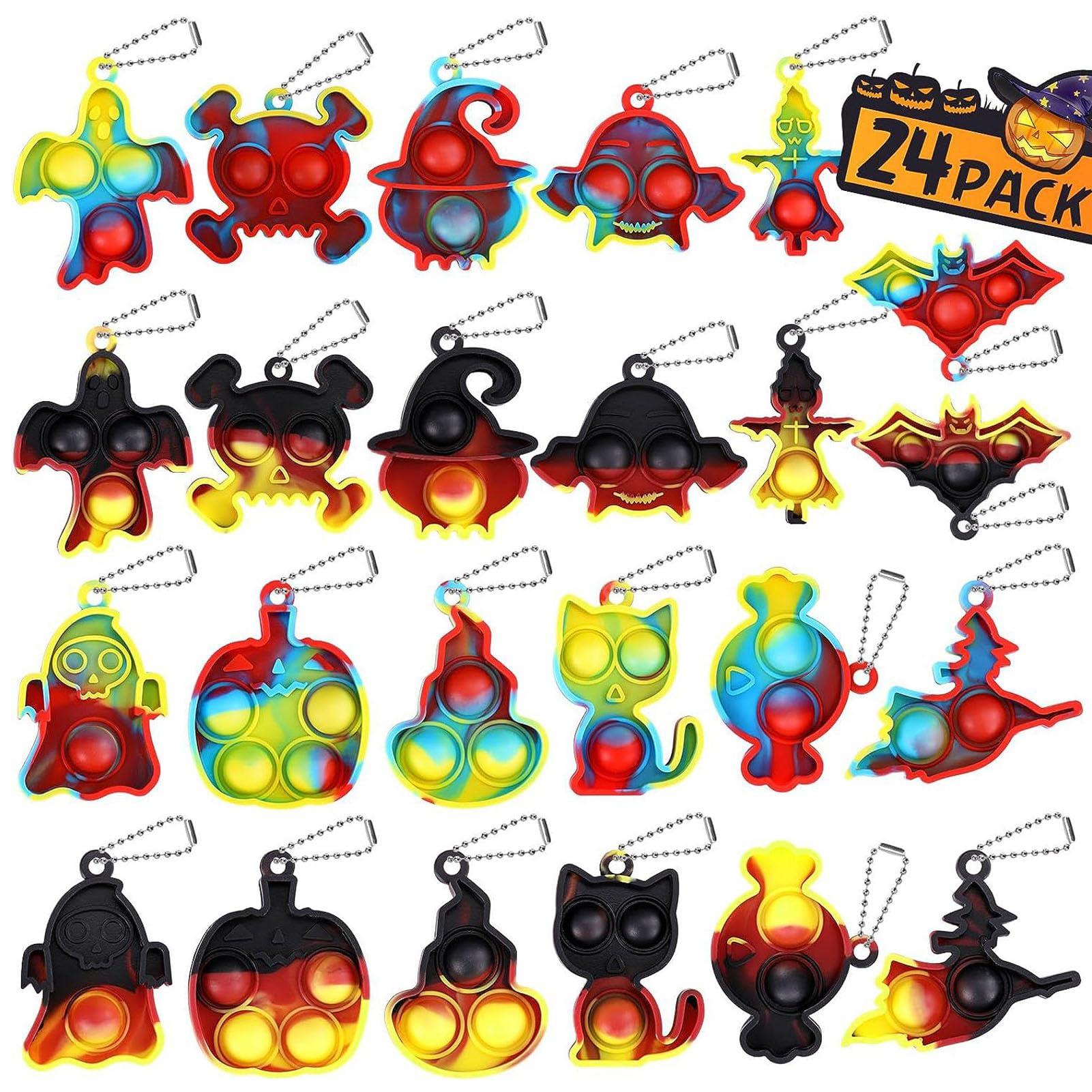 Aonuily Mini Pop Fidget Toys, 24Pcs Colorful Silicone Fidget Keyring Keychain Squeeze Pop Bubble Sensory Stress Relief Toys Bubble Keychain (Halloween)