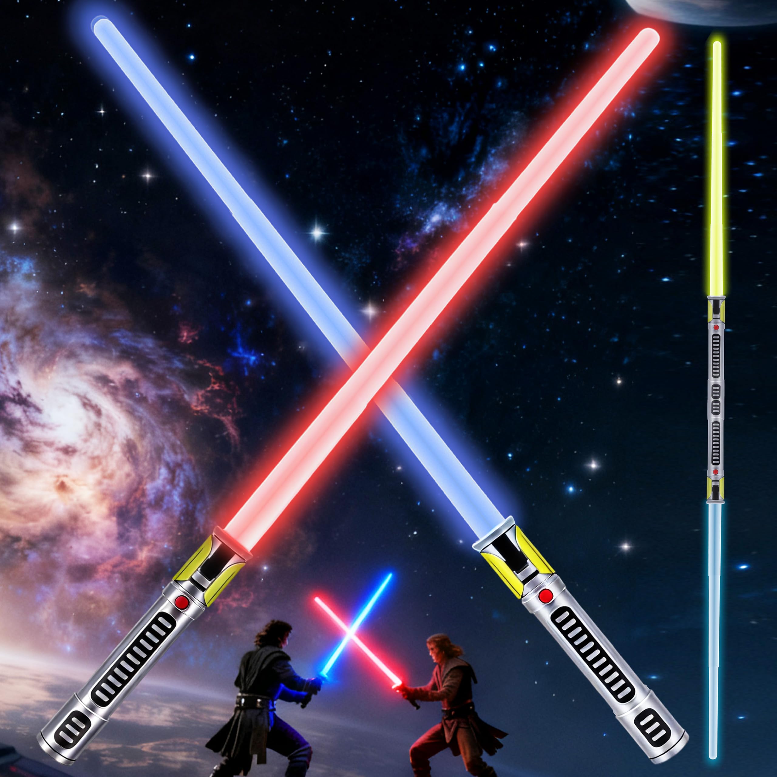 KEGOZ Light Saber 7 Colors Changing, Extendable FX Sound(Motion Sensors) Light Sword for Galaxy War Fighter Warriors, Halloween Xmas Children's Day Birthday Present(2 Pack)