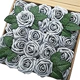 J-Rijzen Jing-Rise Artificial Flowers 50PCS Real Looking Fake Roses with Stem for DIY Wedding Bouquets Centerpieces Party Baby Shower Home Decorations (Silver Grey)