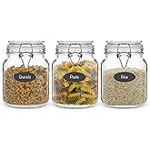 JoyJolt Airtight Glass Jars with Lids Set of 3. 32oz Glass Jar with Lid and 6 Silicone Seals! Med Glass Food Storage Containers. Square Mason Jar, Candy Jar, Sugar Jar, Pasta Containers for Pantry