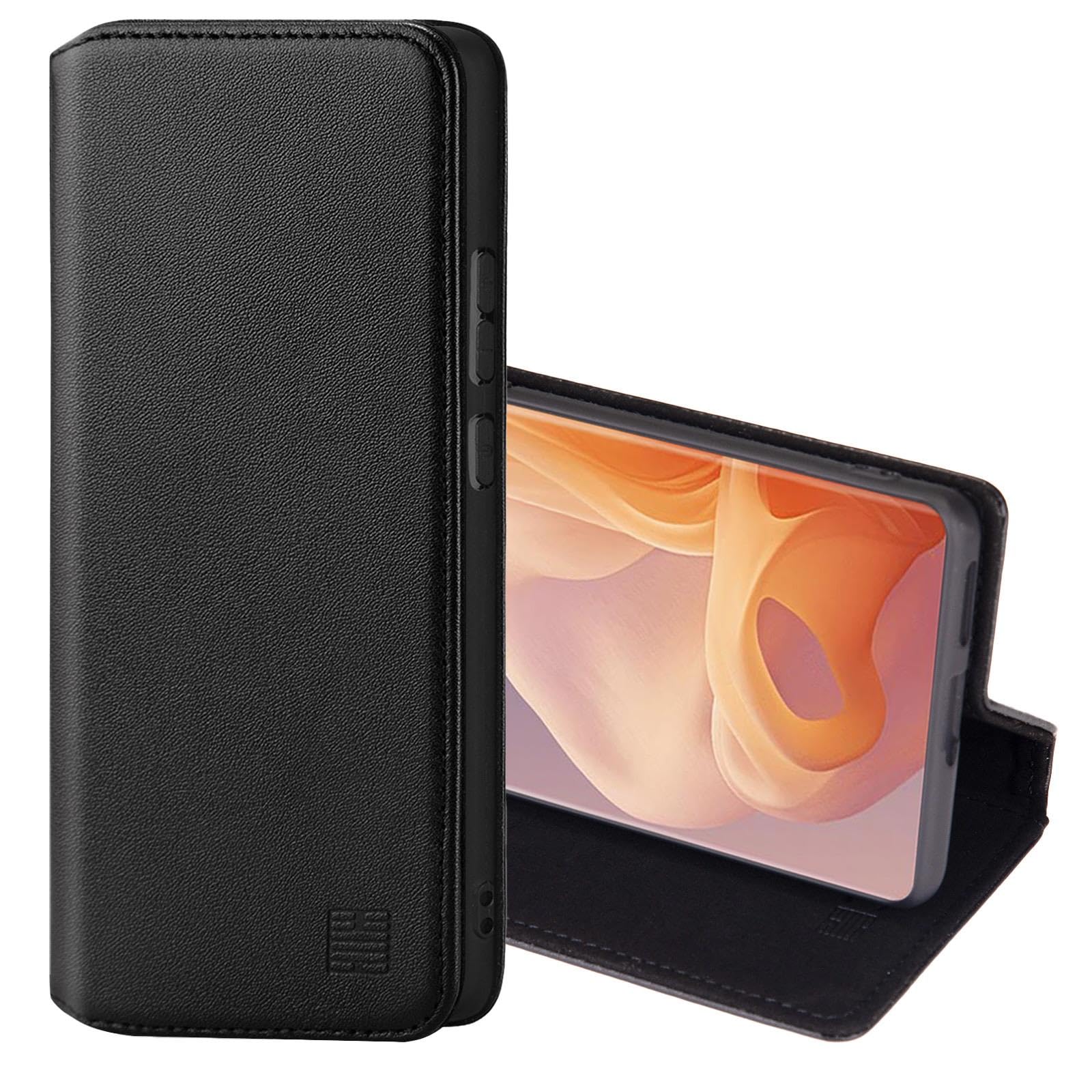 32nd Classic Series 2.0 - Real Leather Book Wallet Flip Case Cover For Motorola Moto G85, With RFID Blocking Card Slot, Magnetic Closure and Built In Stand - Black