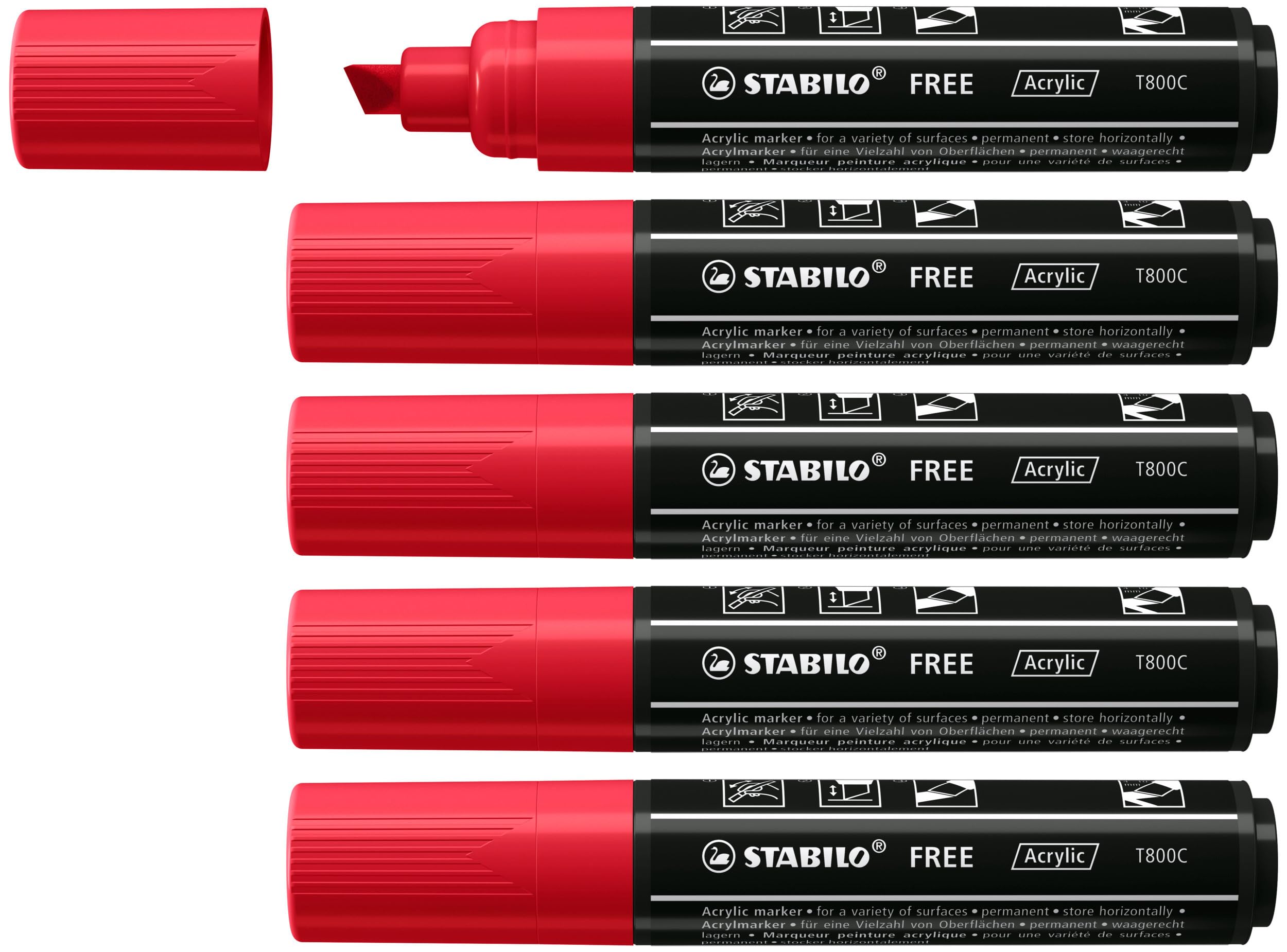 STABILO FREE - Acrylic Marker - ARTY - T800C Chisel Tip 4-10mm - Pack of 5 - Carmine
