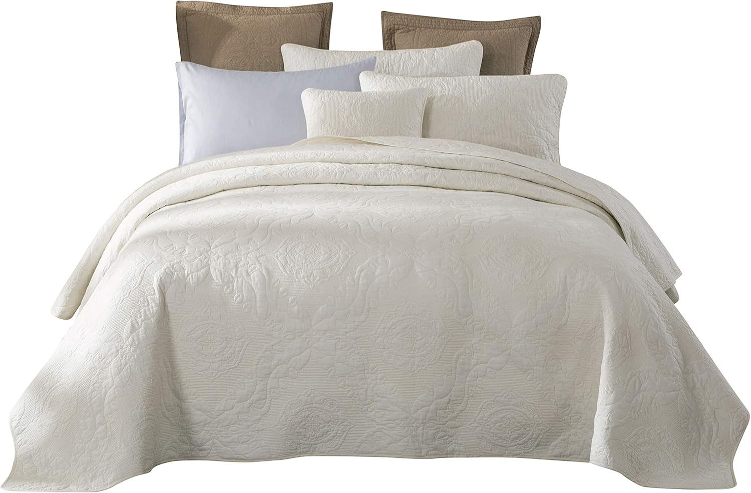 Tache Cotton Damask Matelasse Powder Snow Solid Cream Off White Ivory Quilt Bedspread 2 Piece Set, Twin