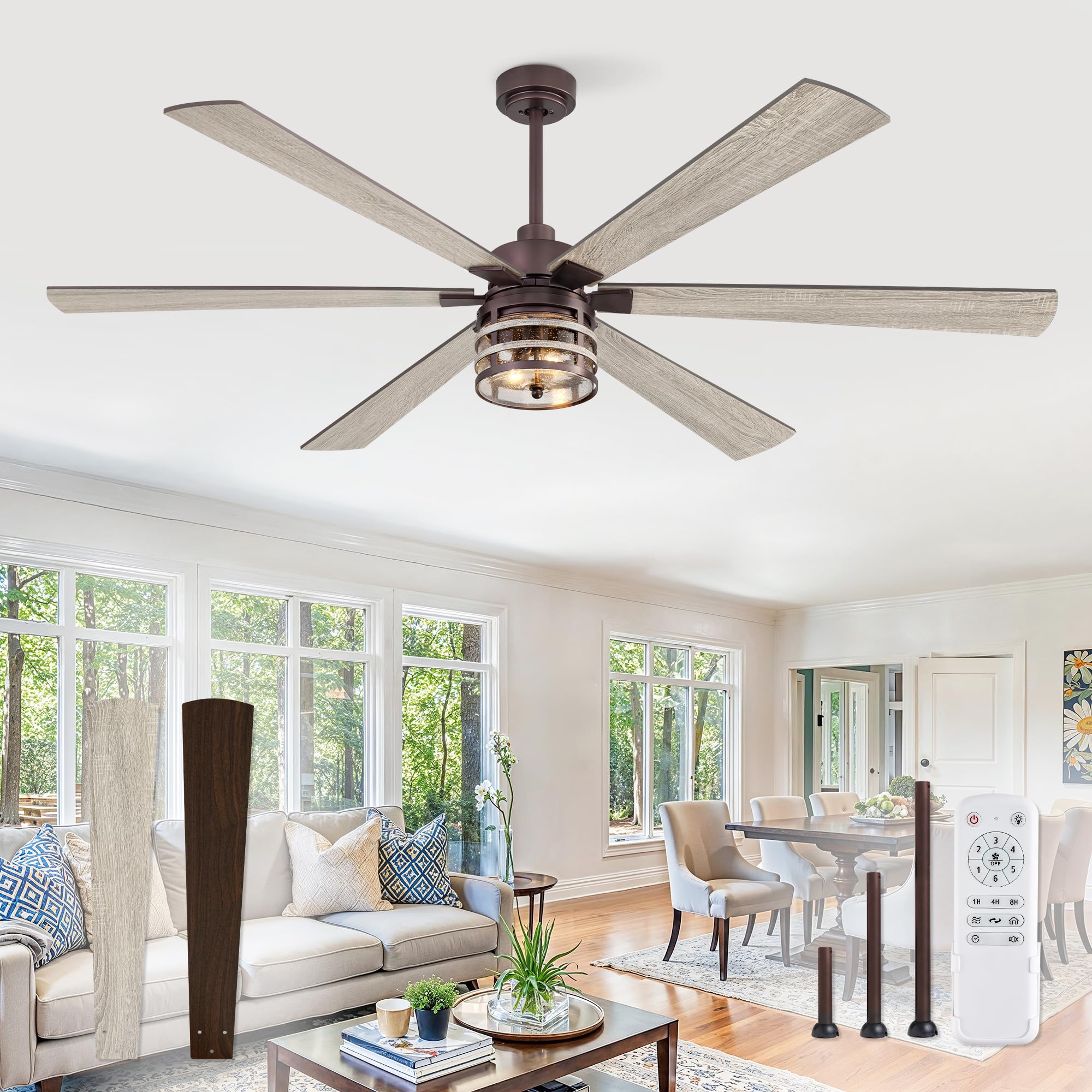 Photo 1 of ***MISSING PIECES -SELLING AS INCOMPLETE PARTS ONLY*** 65 Inch Farmhouse Ceiling Fans with Lights and Remote, Industrial Large Ceiling Fan with 6-Speed Reversible DC Motor and 6 Dual Finish Blades, Oil Bronze Ceiling Fan with Light for Living Bedroom Pati