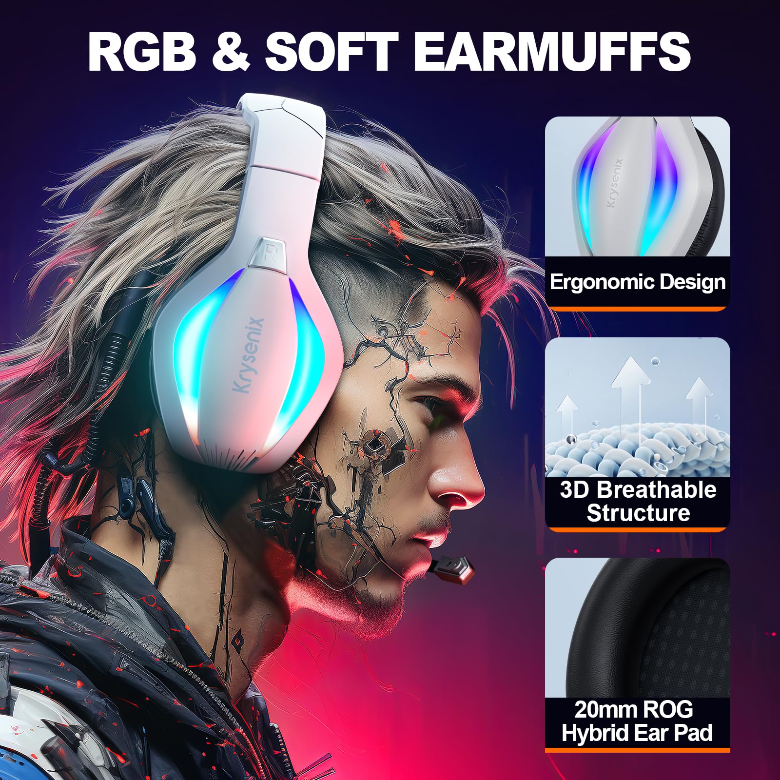 Krysenix PG1 Gaming Headset with Microphone for PS4, PS5, PC, Switch, Xbox, Gaming Headphones with RGB Light, Computer Headset with Mic & 3.5mm Jack