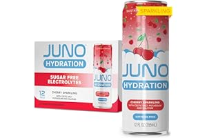 JUNO HYDRATION Organic Cherry Sparkling Drink - Sugar Free Electrolytes Organic Monk Fruit, Sour Cherry Juice, Black Cherry Extract and Hydrating with Celtic Salt, Potassium, Calcium - Premium Refreshing Beverage, 12 Pack