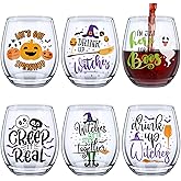 Skylety 6pcs Wine Glasses 12oz Stemless Wine Glass Fun Drink Witch Wine Glasses Party Favors Supplies Table Decorations(Festival Style)
