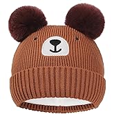 KDVOG Baby Cute Bear Beanie with Pompom, Infant Toddler Warm Knitted Hats Winter Cap for Boys Girls