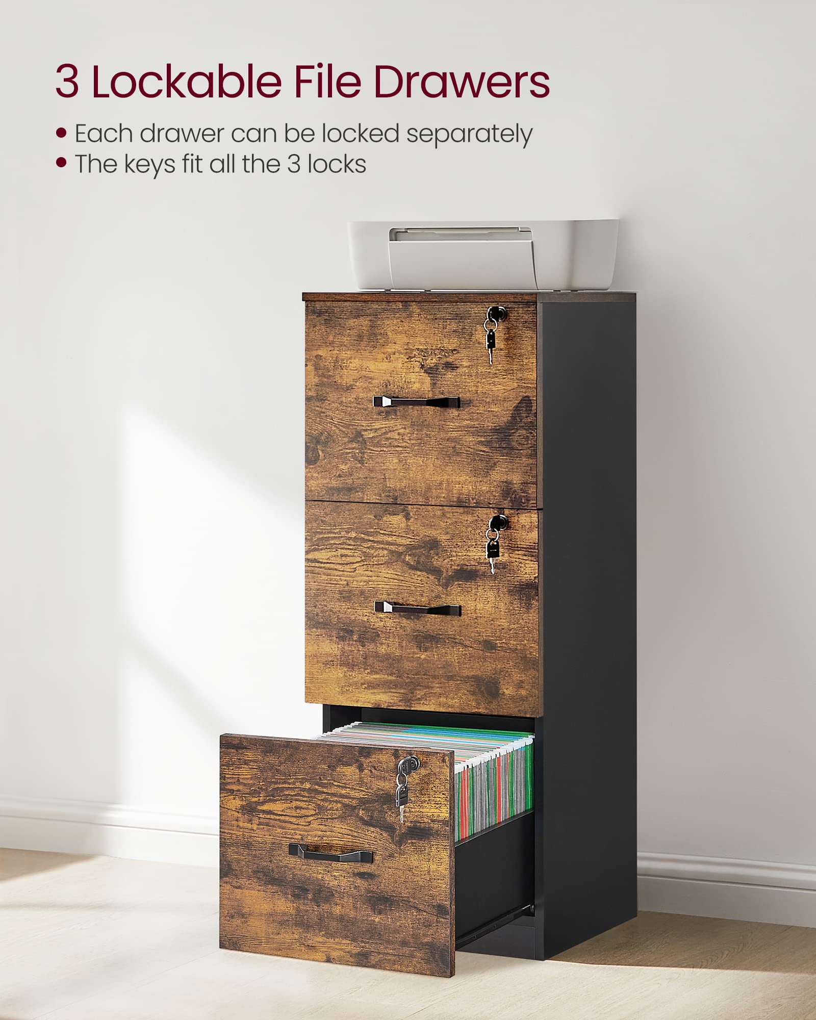 VASAGLE 3-Drawer Vertical File Cabinet, Rustic Brown and Black, for Home Office and Bedroom, A4 and Letter-Size Files, Lockable Drawers, Adjustable Hanging Rail, Printer Stand