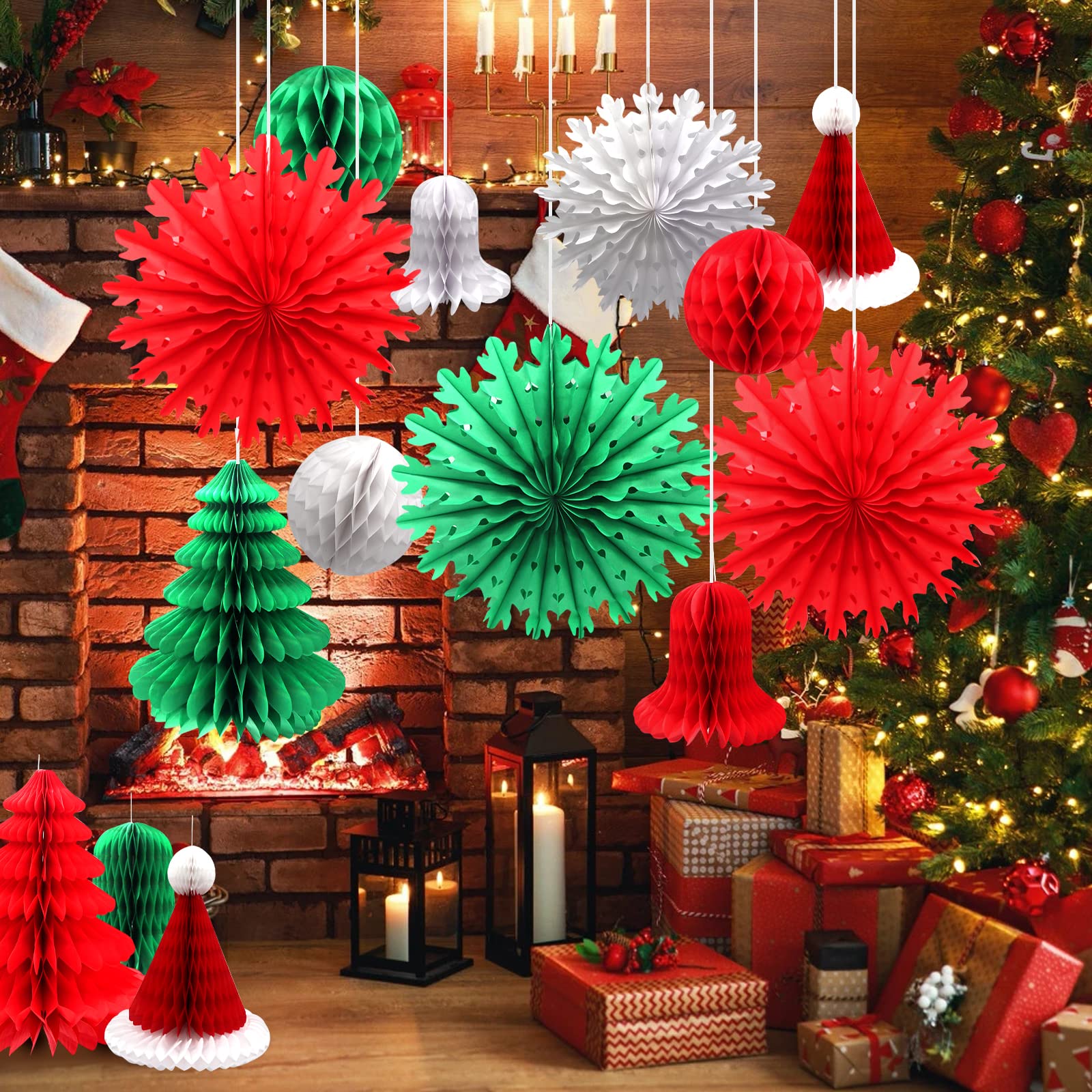 Retro Christmas Decorations Set, 16Pcs Paper Christmas Decorations Indoor Snowflakes Paper Fans Xmas Hats Trees Honeycomb Balls Bell Ceiling Hanging Decoration for Winter Home Xmas Wedding Decor