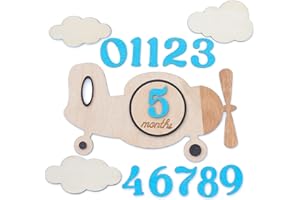 HONOCOOLS Baby Monthly Milestone Cards - Wooden Monthly Milestone Discs - Newborn Photography Props to Document Your Baby´s Growth - Baby Announcement Sign (Plane)