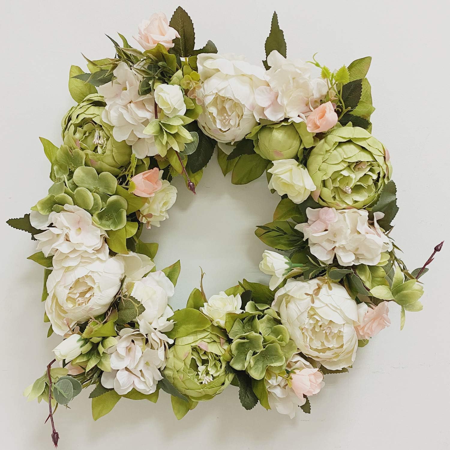 Amazon Com Yokoke 16 Inch Handmade Artificial Flowers Spring And Summer Door Wreath Display Green And Cream Peony Hydrangea Rose Green Furniture Decor