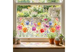 1 Sheet Wildflower Meadow Window Clings Floral Glass Decals with Lily Peony Poppy Designs for Home Office Bedroom Living Room