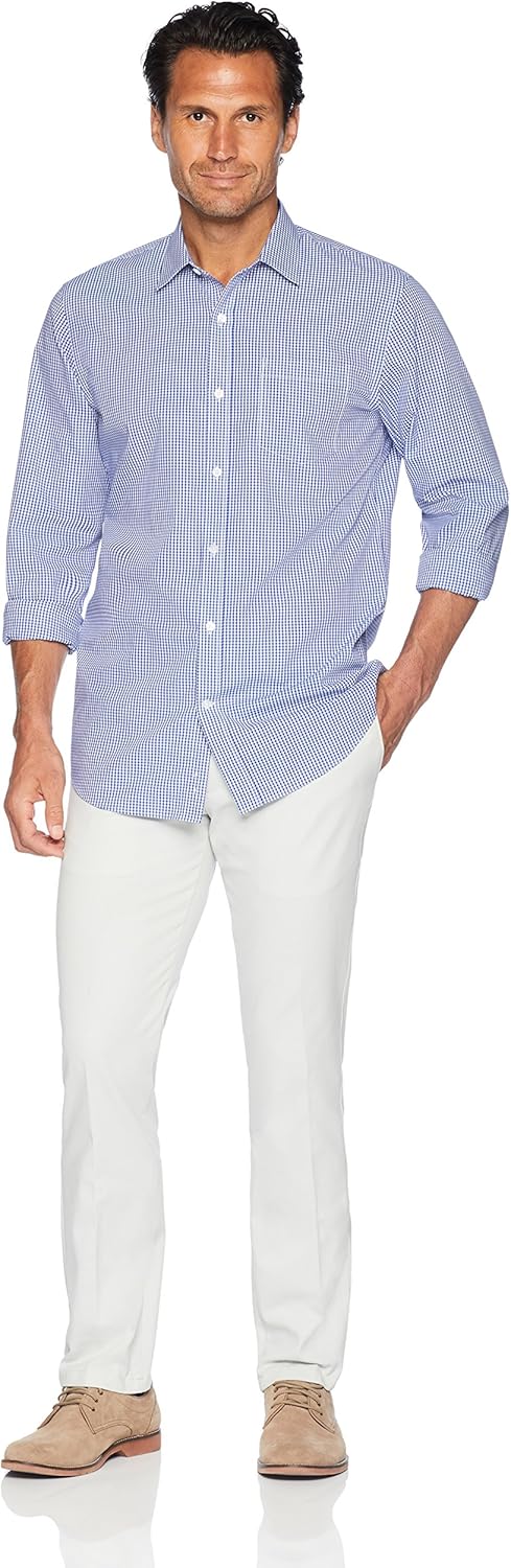  Essentials Men's Regular-Fit Wrinkle-Resistant Long-Sleeve Plaid Dress Shirt: Clothing