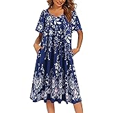 Ekouaer Women's House Dress - Pleated Nightgown with Short Sleeves & Pockets