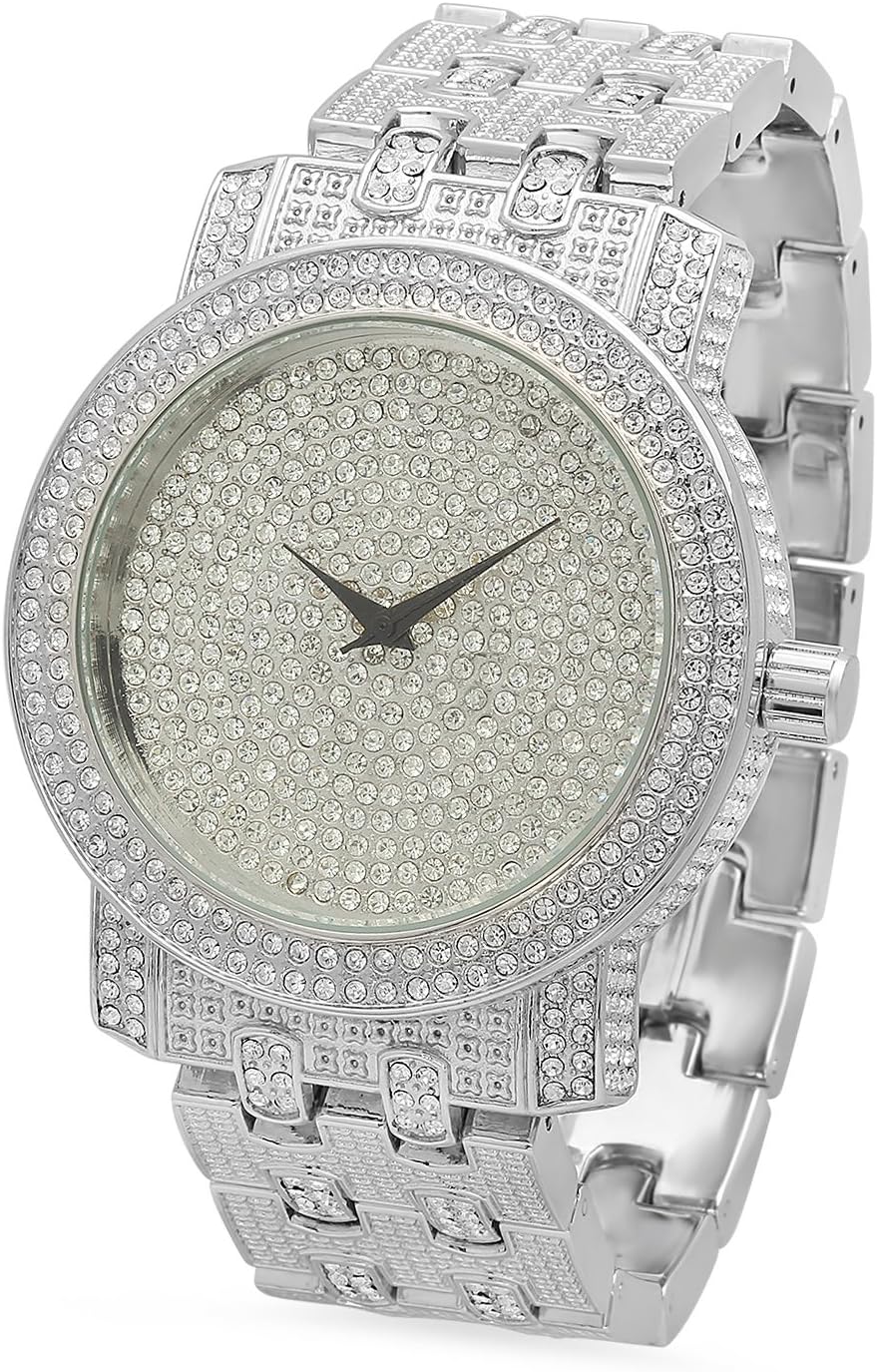 Rhodium Plated Ice Master Silver Dial Watch Iced Out w/Cubic Zirconia + Microfiber Jewelry Polishing Cloth