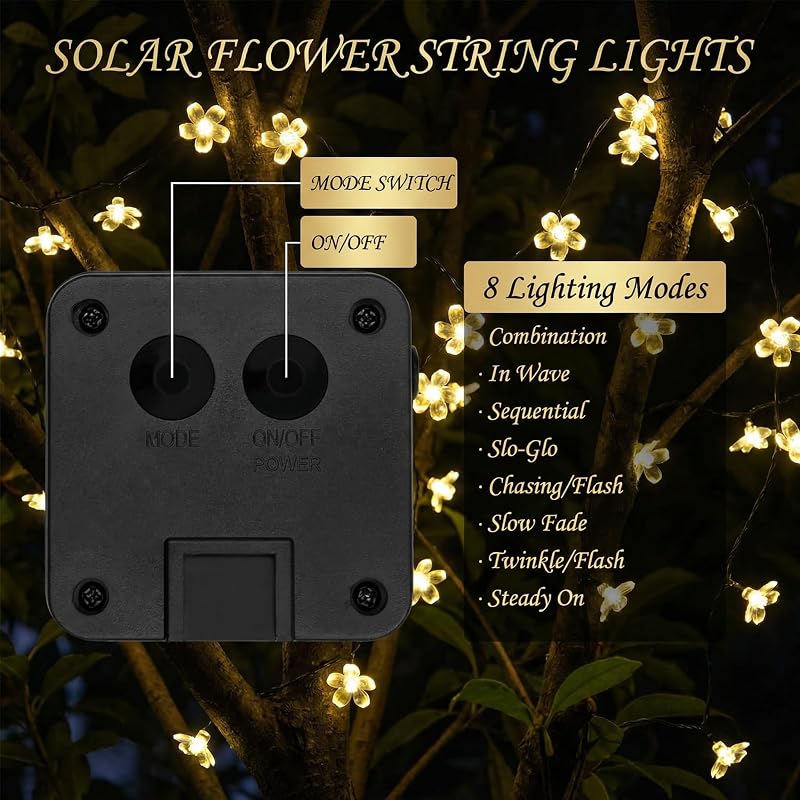 Guirlanda solar exterior, luzes solares de 11 m, flores exteriores, 60 LED, impermeável, 8 modos com memória, flores LED para jardim, terraço, varanda, festa, casamento, decoração de pátio