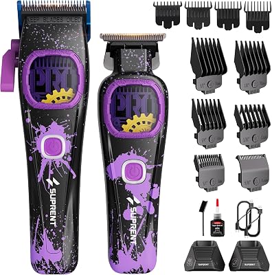 Profi-Haarschneideset für Herren – kabellos, mit Nullspalt-Trimmer, starkem Motor, titanbeschichteten Klingen und Ladestationen.