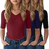 LessonZoo 3 Pack Girls Half Sleeve Shirts Ribbed V Neck Slim Fit Teen Tops Casual Basic Tees Summer for Kids