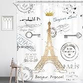 Pairs Eiffel Tower Theme Shower Curtain Neutral 60Wx72H Inch Decor | French Golden Lettering European France Crown Post Card Retro Stamp Modern Waterproof Polyester Fabric Bathroom 12 Hooks