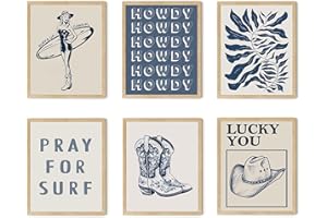 TwoDays Coastal Granddaughter Prints, Coastal Cowgirl Poster, Beachy Room Decor Aesthetic, Beach Wall Art for Teen Girls Bedroom, Vintage Surf Decorations Artwork (8" x 10", Set of 6, UNFRAMED)