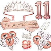 Hysilla 11th Birthday Decorations for Girls, Rose Gold: Crown, Sash, Balloons, Cake Topper, Candles