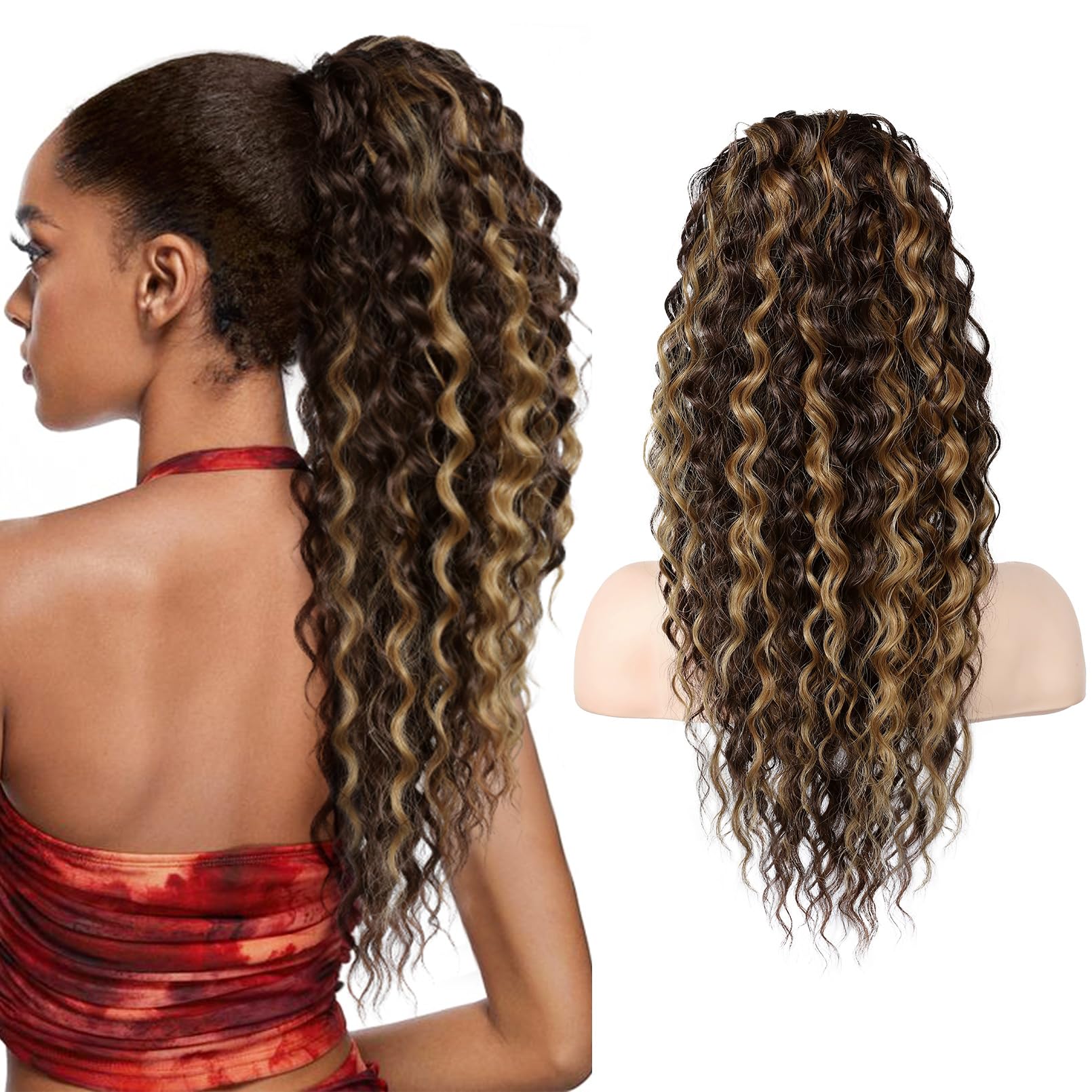 Photo 1 of SEIKEA Ponytail Extension, PT005 Isabella 22" Long Bohemian Curly Drawstring Ponytail Light Fluffy Multi Layered Clip in Hair Extensions Ponytail Chocolate Brown Caramel Blonde Highlights